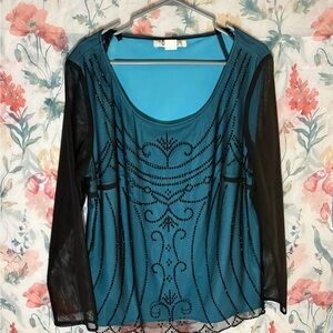 Vintage Elegant Teal and Black Mesh Women's Top